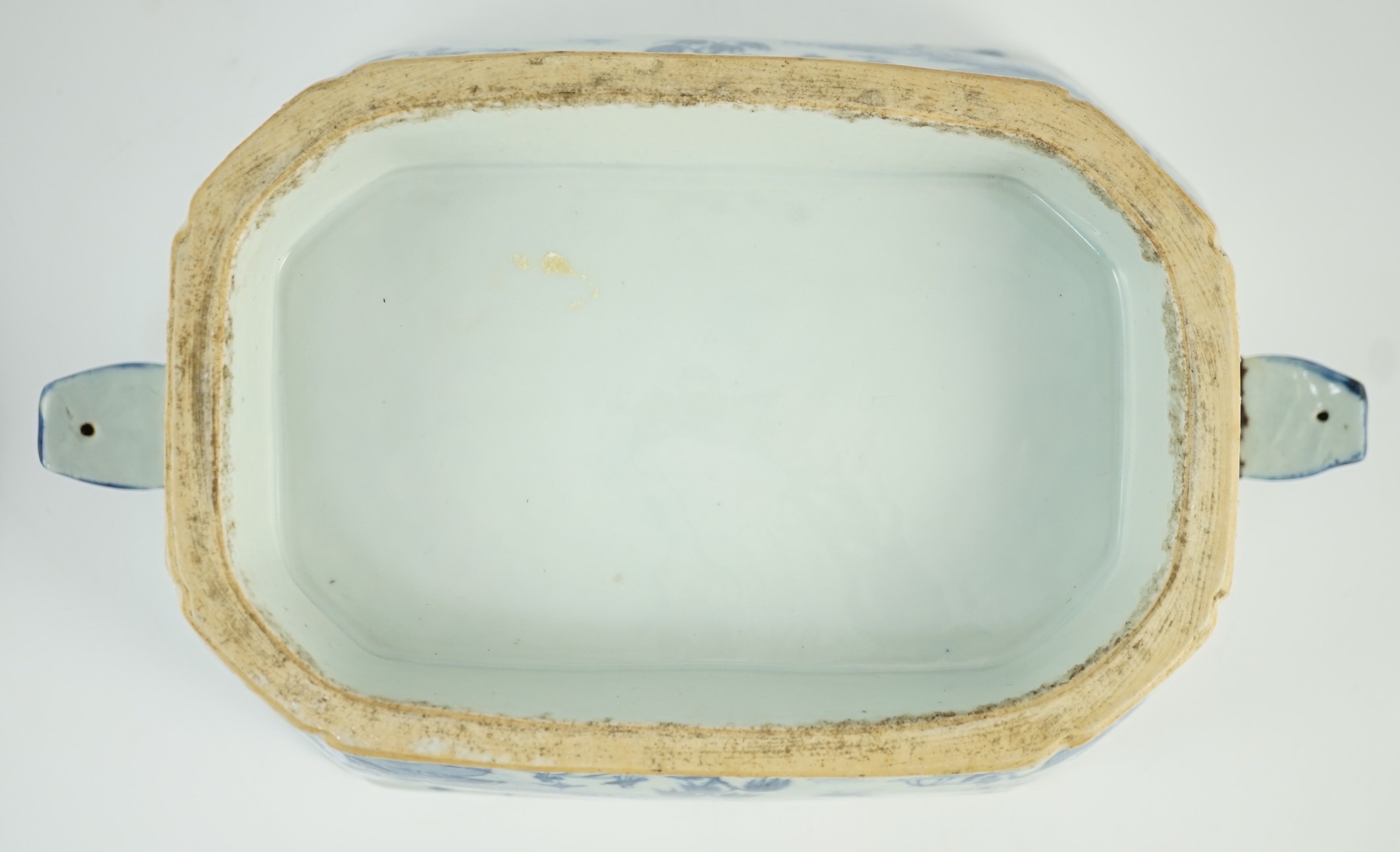 A Chinese blue and white tureen and cover, Qianlong period, 35.5cm wide, one handle re-attached